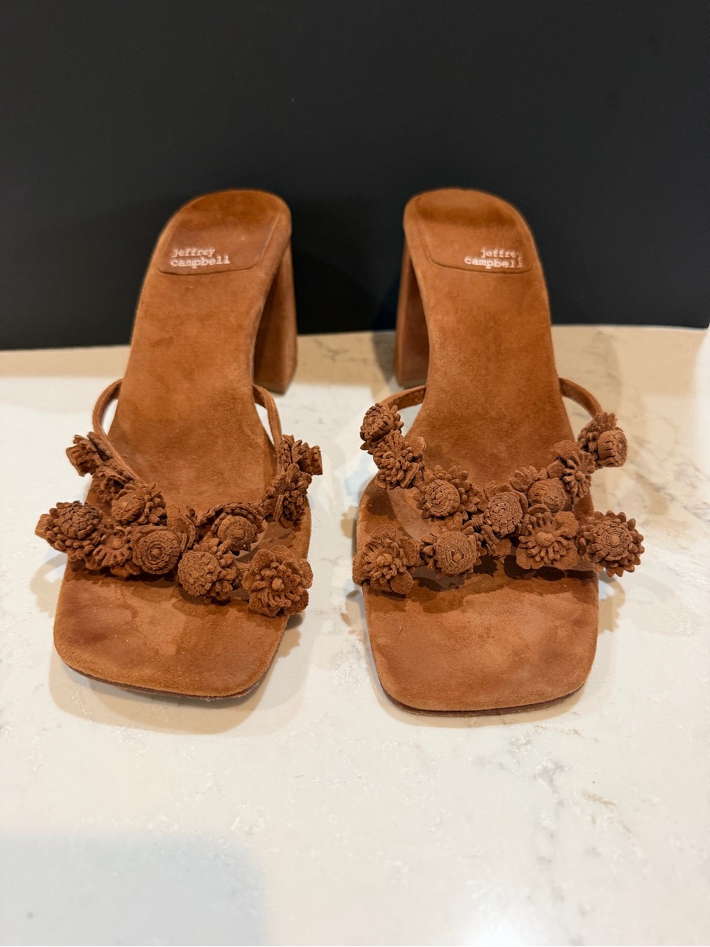 Jeffrey Campbell Flower Pom-Pom Suede Block Heel Sandals - Cognac Brown